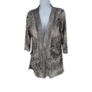 Kamana Women's Tropical Gray Cardigan Embroidered White Pockets Fits Like Medium
